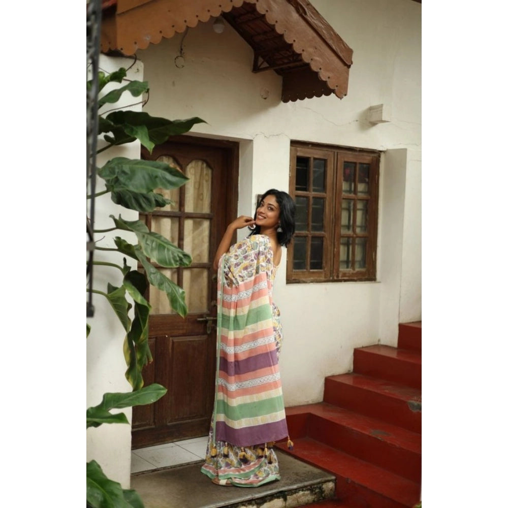Generic Women's Linen Printed Saree With Unstitched Blouse 5.5Mtr (Multicolor)