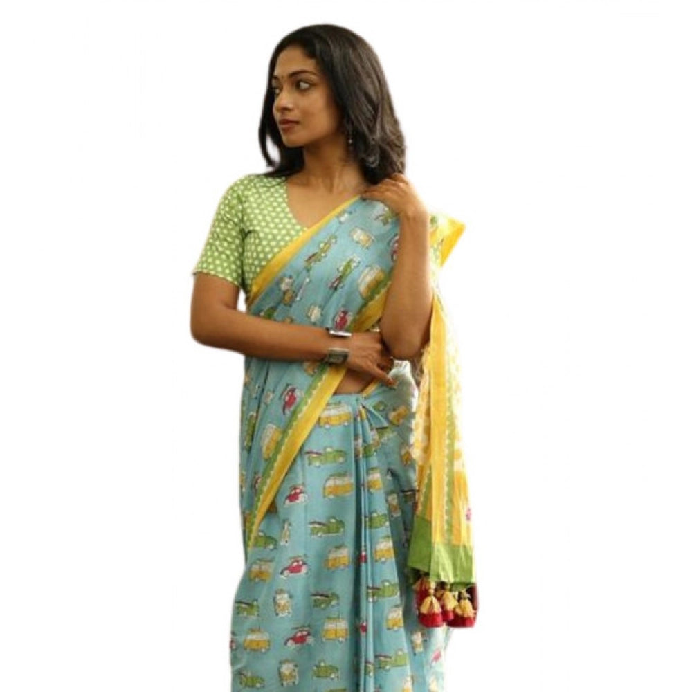 Generic Women's Linen Printed Saree With Unstitched Blouse 5.5Mtr (Blue)