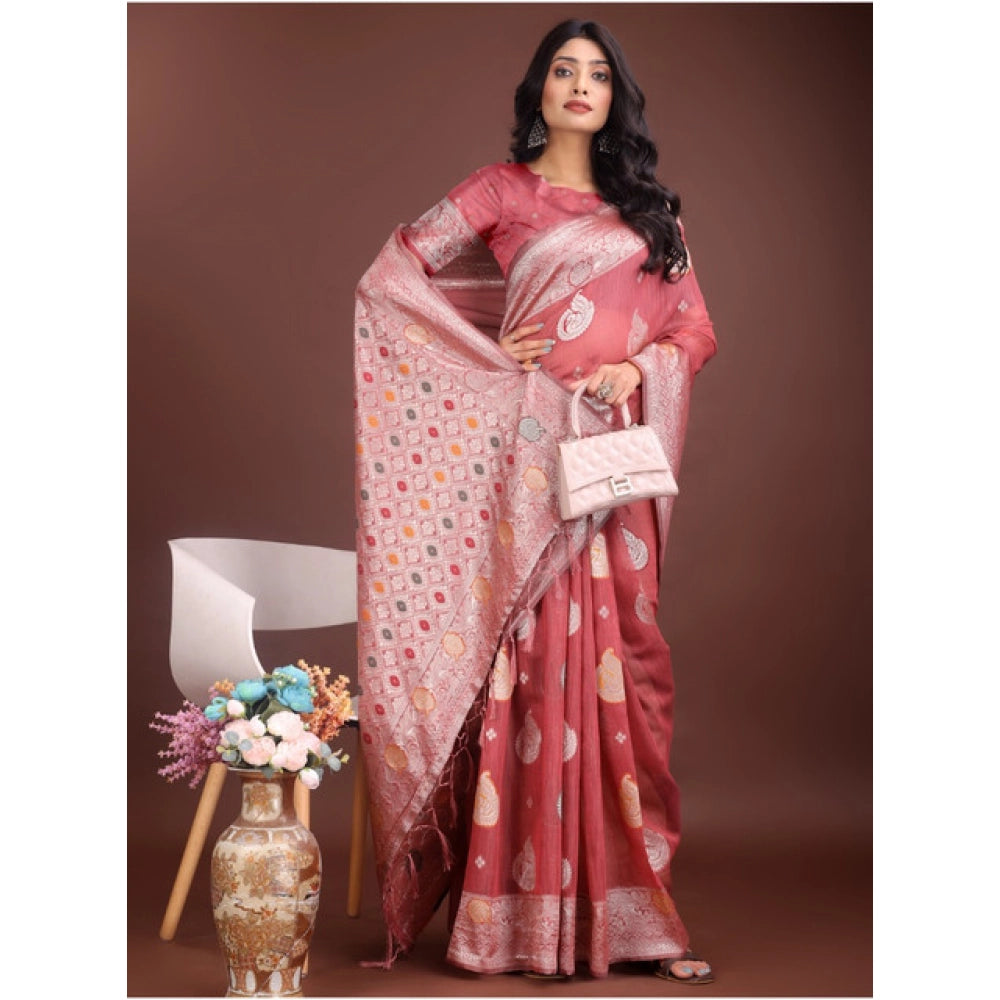 Generic Women's Linen Cotton Printed Saree With Unstitched Blouse 5.5Mtr (Pink)