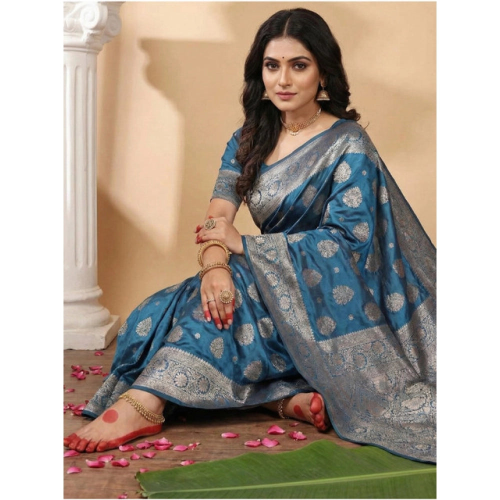 Generic Women's Silk Blend Printed Saree With Unstitched Blouse 5.5Mtr (Teal Blue)