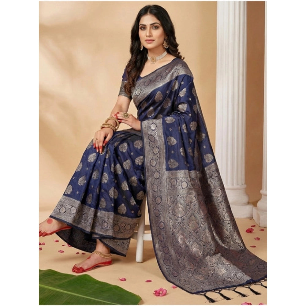 Generic Women's Silk Blend Printed Saree With Unstitched Blouse 5.5Mtr (Navy Blue)