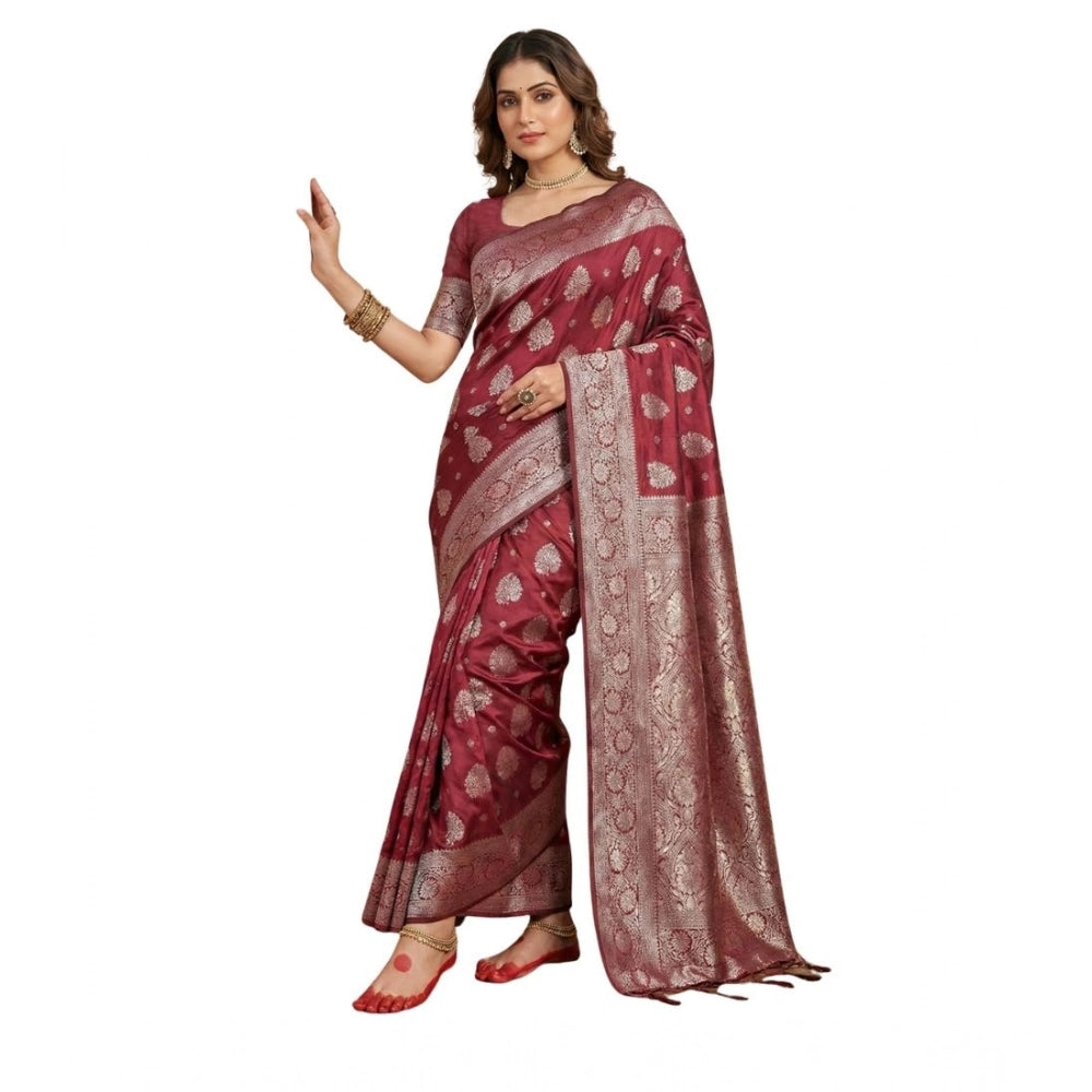 Generic Women's Silk Blend Printed Saree With Unstitched Blouse 5.5Mtr (Maroon)