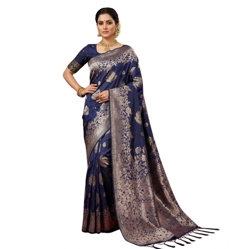 Generic Women's Silk Blend Printed Saree With Unstitched Blouse 5.5Mtr (Navy Blue)