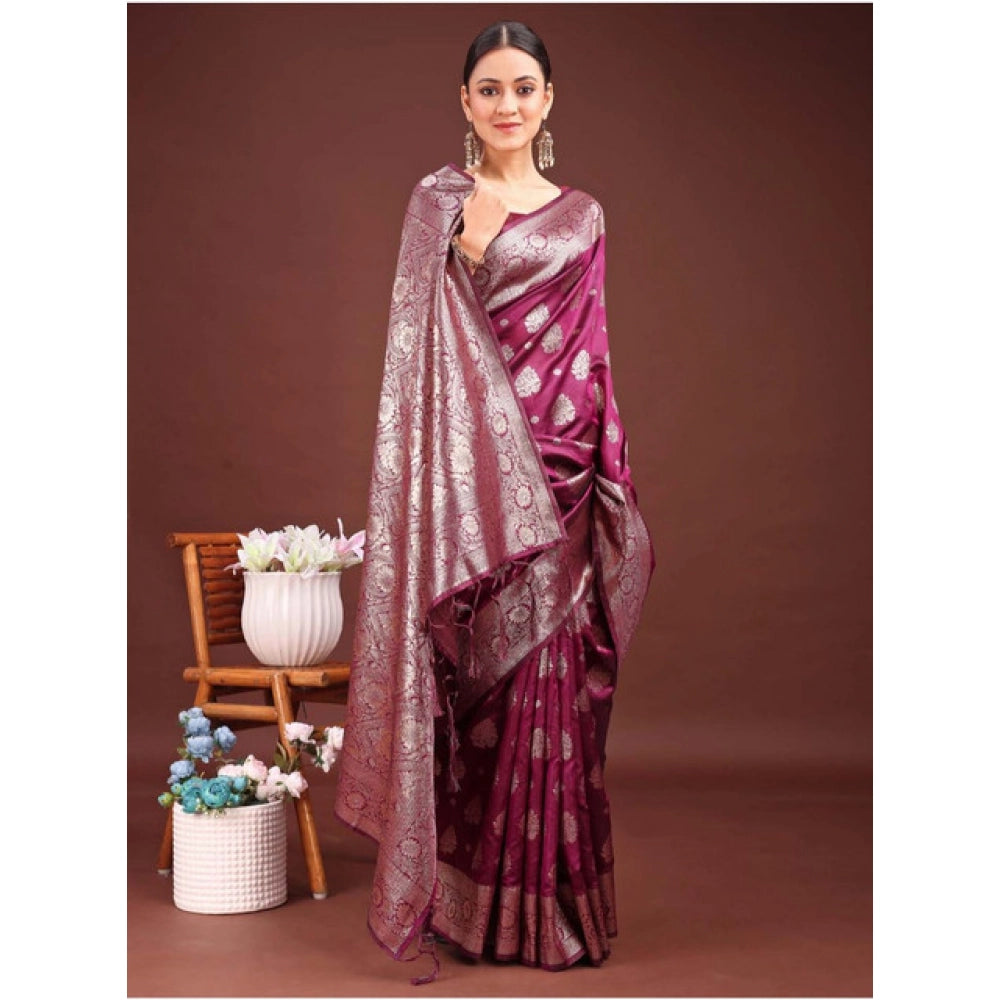Generic Women's Banarasi Silk Printed Saree With Unstitched Blouse 5.5Mtr (Purple)