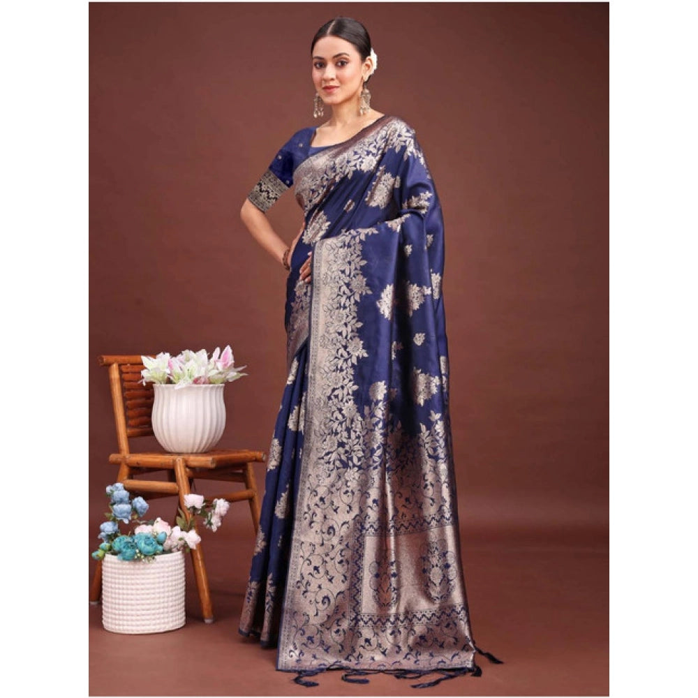 Generic Women's Banarasi Silk Printed Saree With Unstitched Blouse 5.5Mtr (Navy Blue)