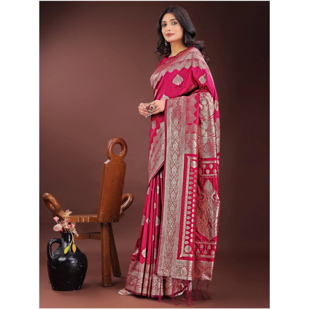 Generic Women's Silk Printed Saree With Unstitched Blouse 5.5Mtr (Magenta)