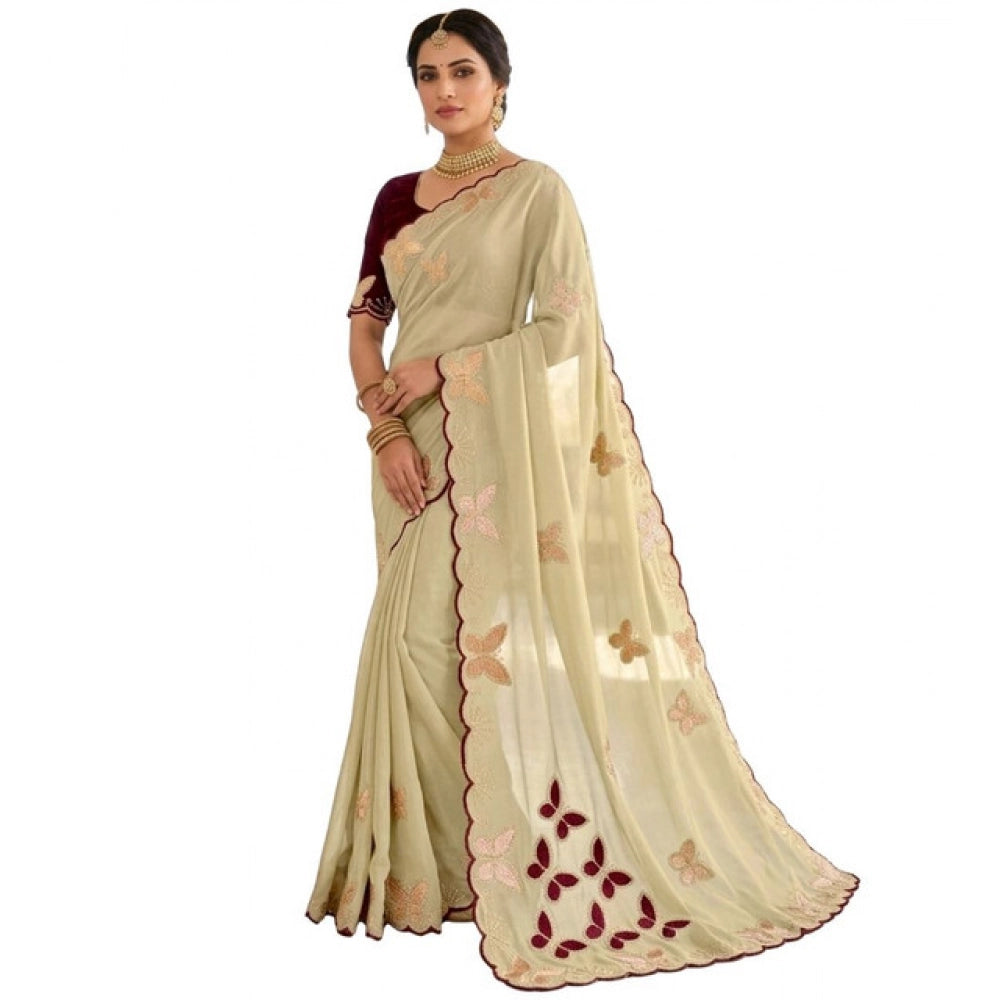 Generic Women's Star Georgette Embellished Saree With Unstitched Blouse 5.5Mtr (Beige-Maroon)