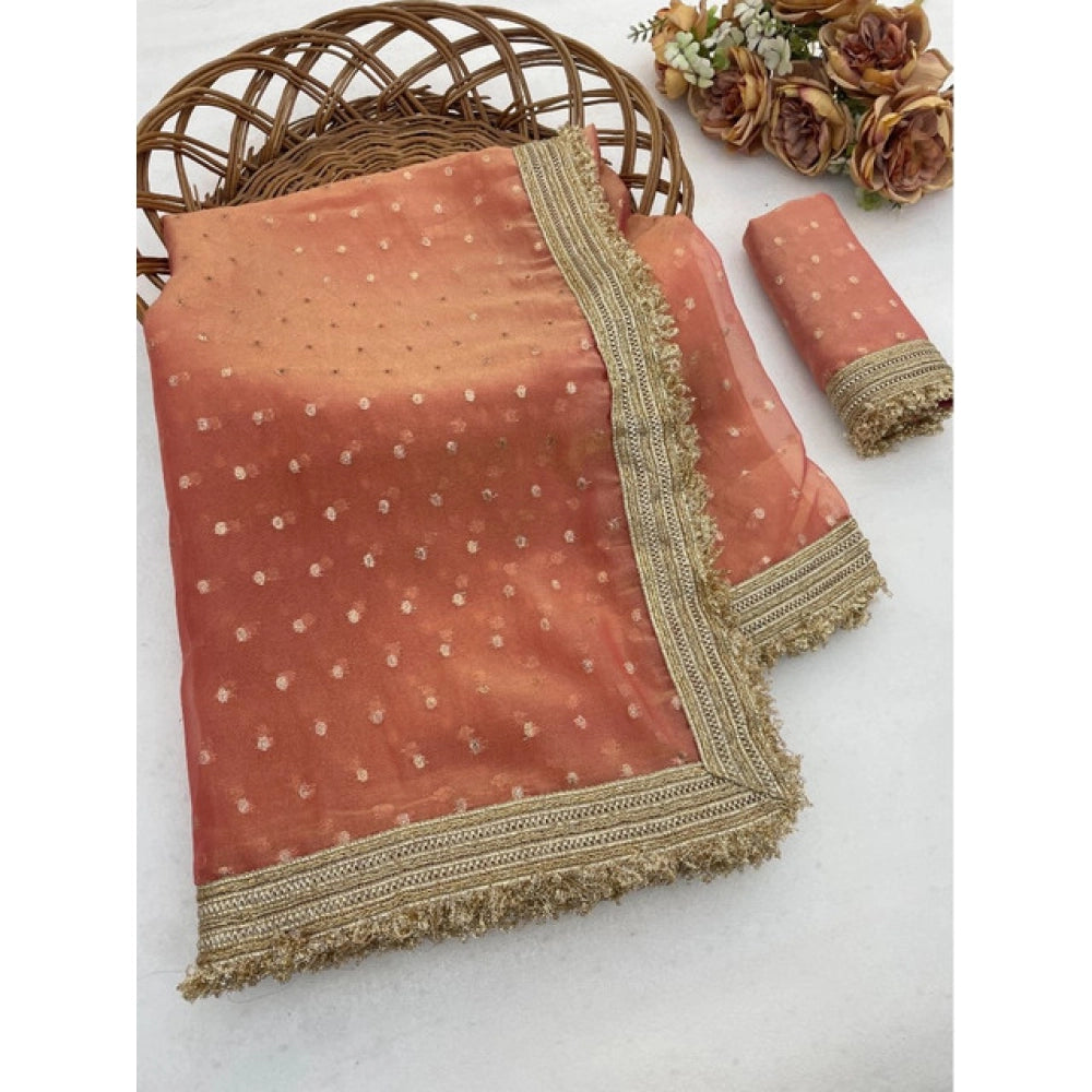 Generic Women's Silk Embellished Saree With Unstitched Blouse 5.5Mtr (Peach)