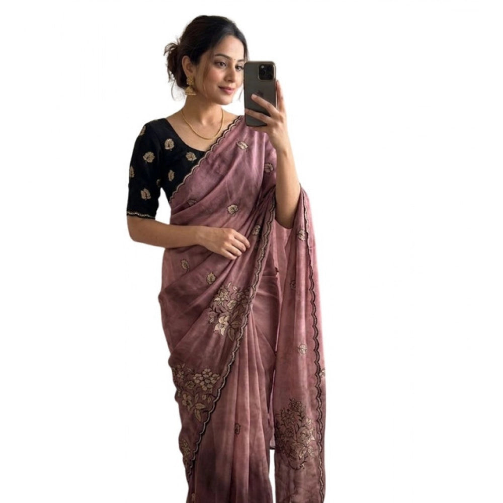 Generic Women's Viscose Silk Embroidered Saree With Unstitched Blouse 5.5Mtr (Pink)