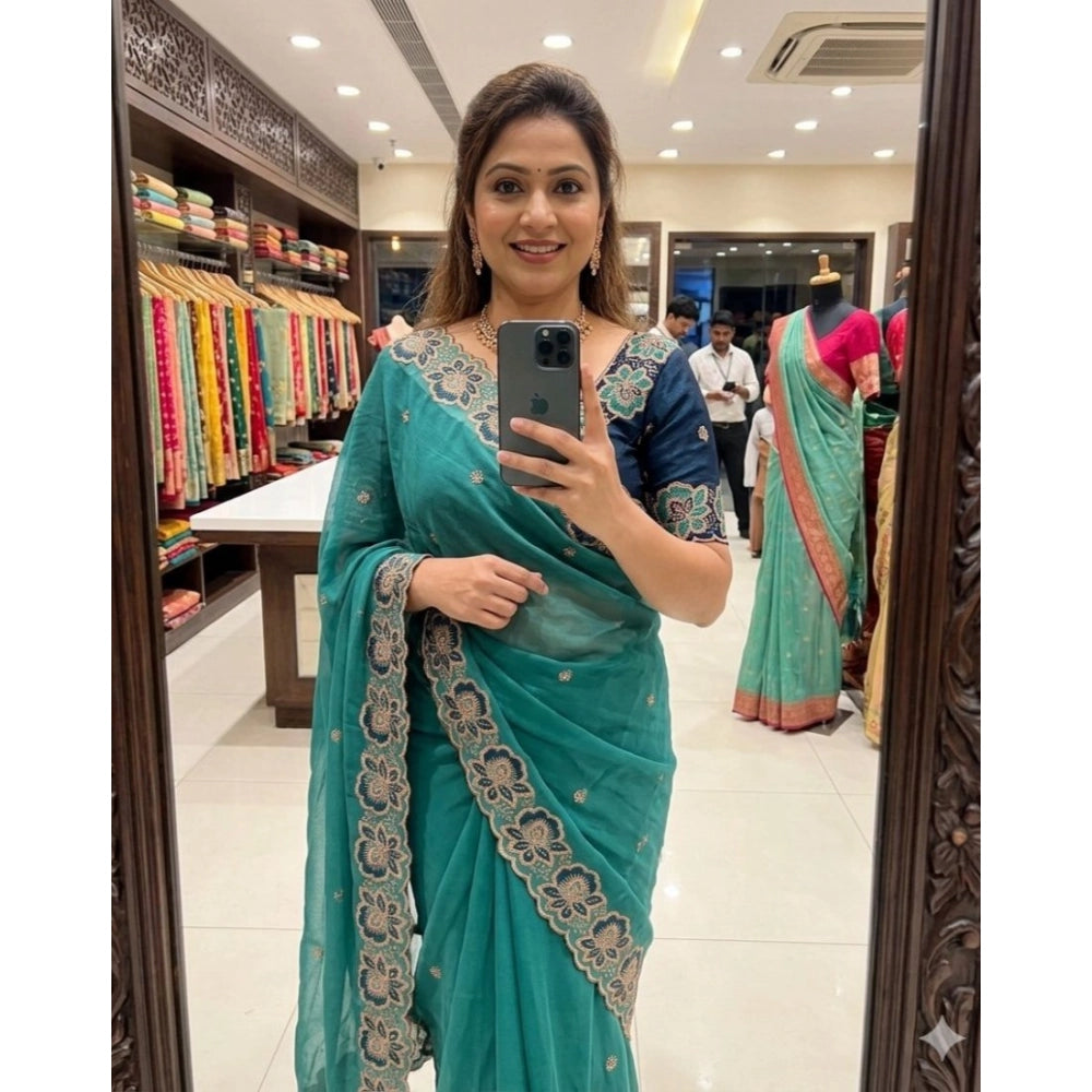 Generic Women's Star Georgette Embroidered Saree With Unstitched Blouse 5.5Mtr (Sea Green)