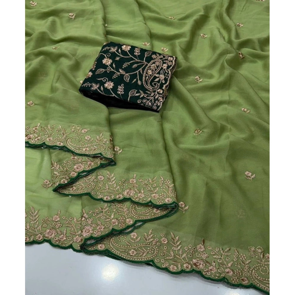 Generic Women's Star Georgette Embroidered Saree With Unstitched Blouse 5.5Mtr (Green)