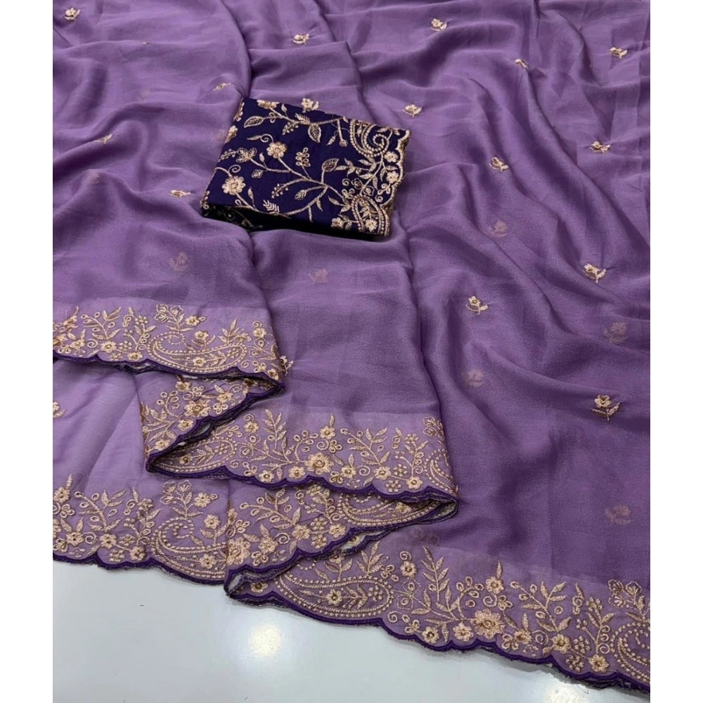 Generic Women's Star Georgette Embroidered Saree With Unstitched Blouse 5.5Mtr (Purple)