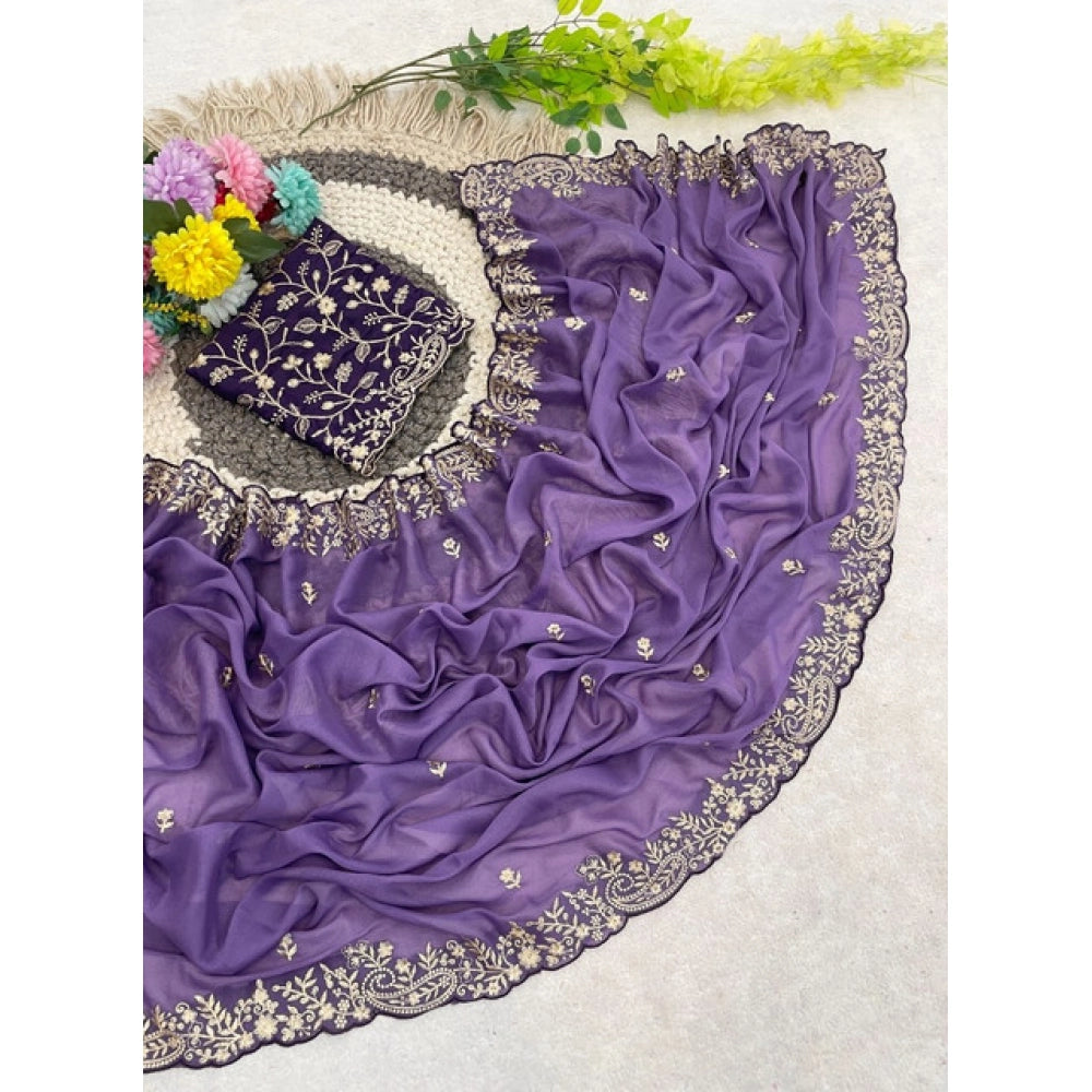 Generic Women's Star Georgette Embroidered Saree With Unstitched Blouse 5.5Mtr (Purple)