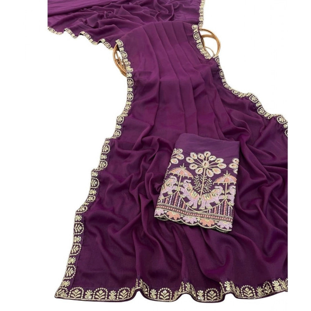 Generic Women's Art Silk Embroidered Saree With Unstitched Blouse 5.5Mtr (Purple)