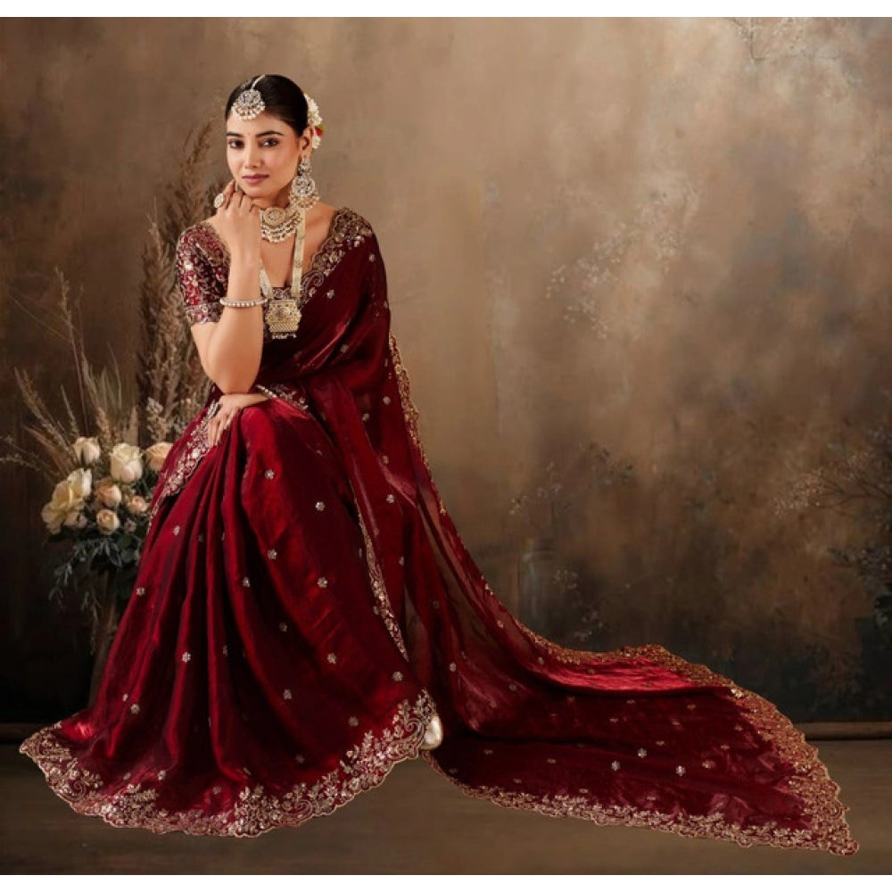Generic Women's Silk Embroidered Saree With Unstitched Blouse 5.5Mtr (Maroon)