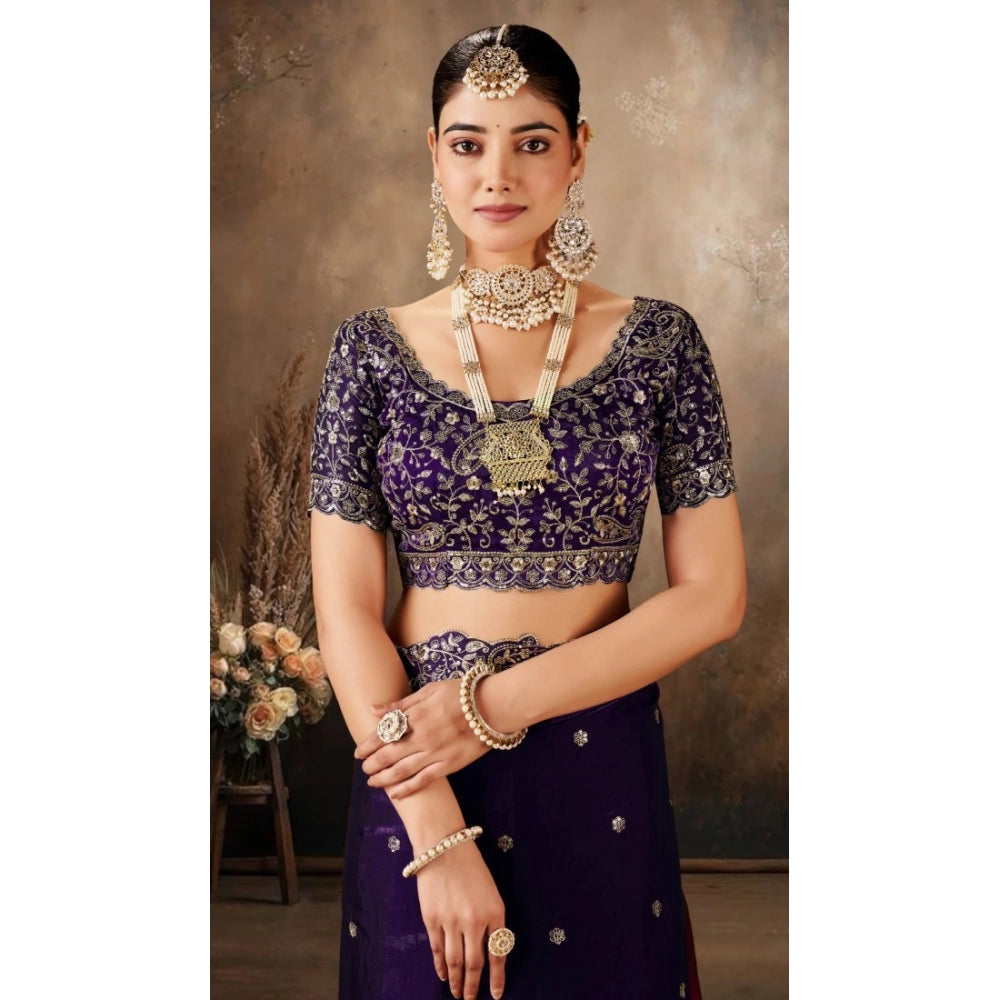 Generic Women's Silk Embroidered Saree With Unstitched Blouse 5.5Mtr (Purple)