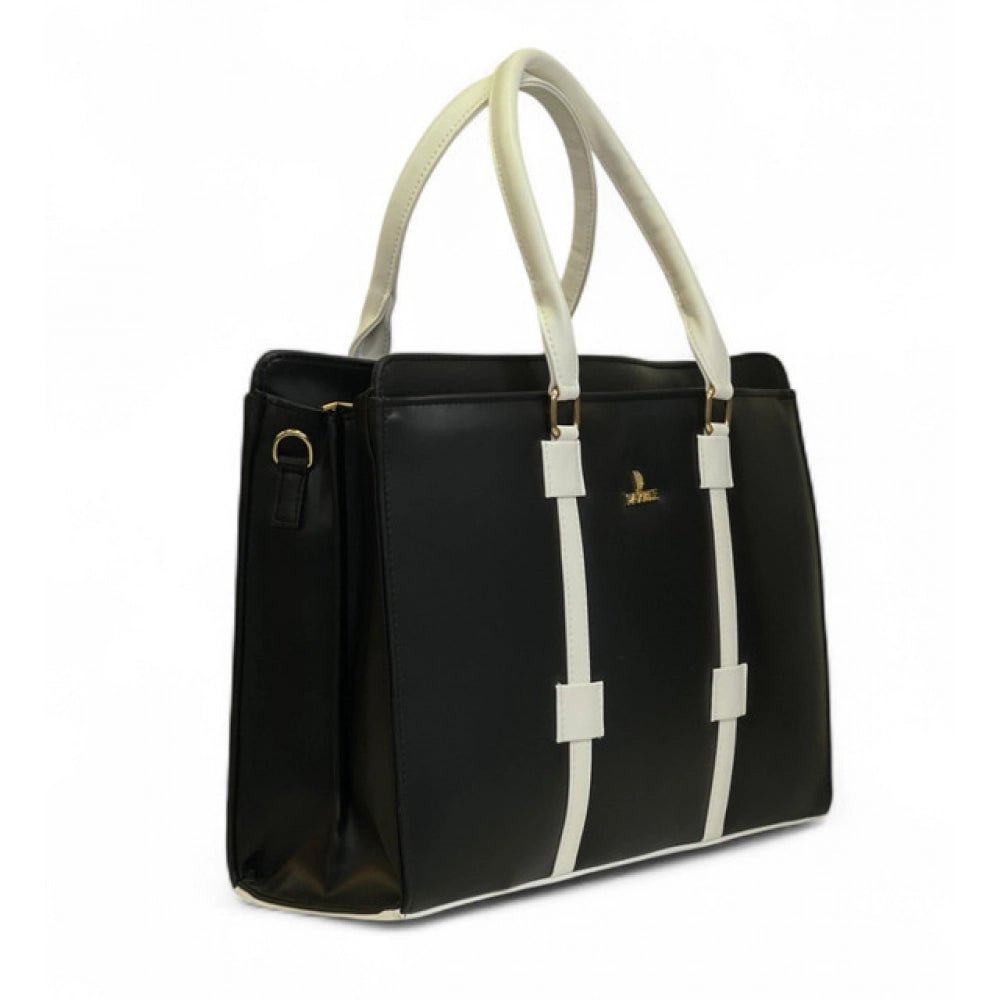 Generic Women's Polyurethane Solid Structured Shoulder Tote Handbag (Black-Cream)