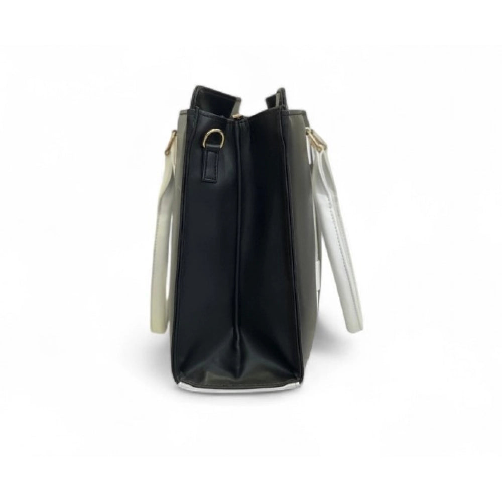 Generic Women's Polyurethane Solid Structured Shoulder Tote Handbag (Black-Cream)