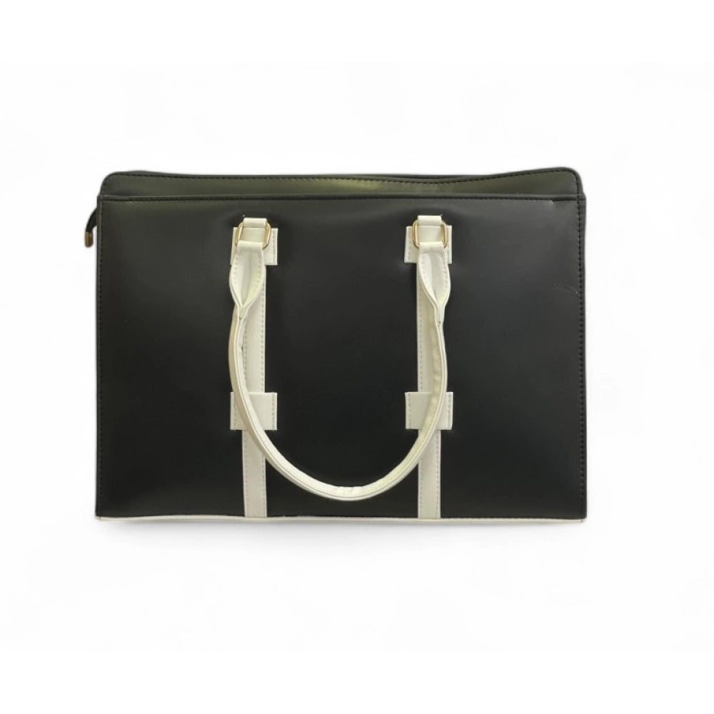 Generic Women's Polyurethane Solid Structured Shoulder Tote Handbag (Black-Cream)