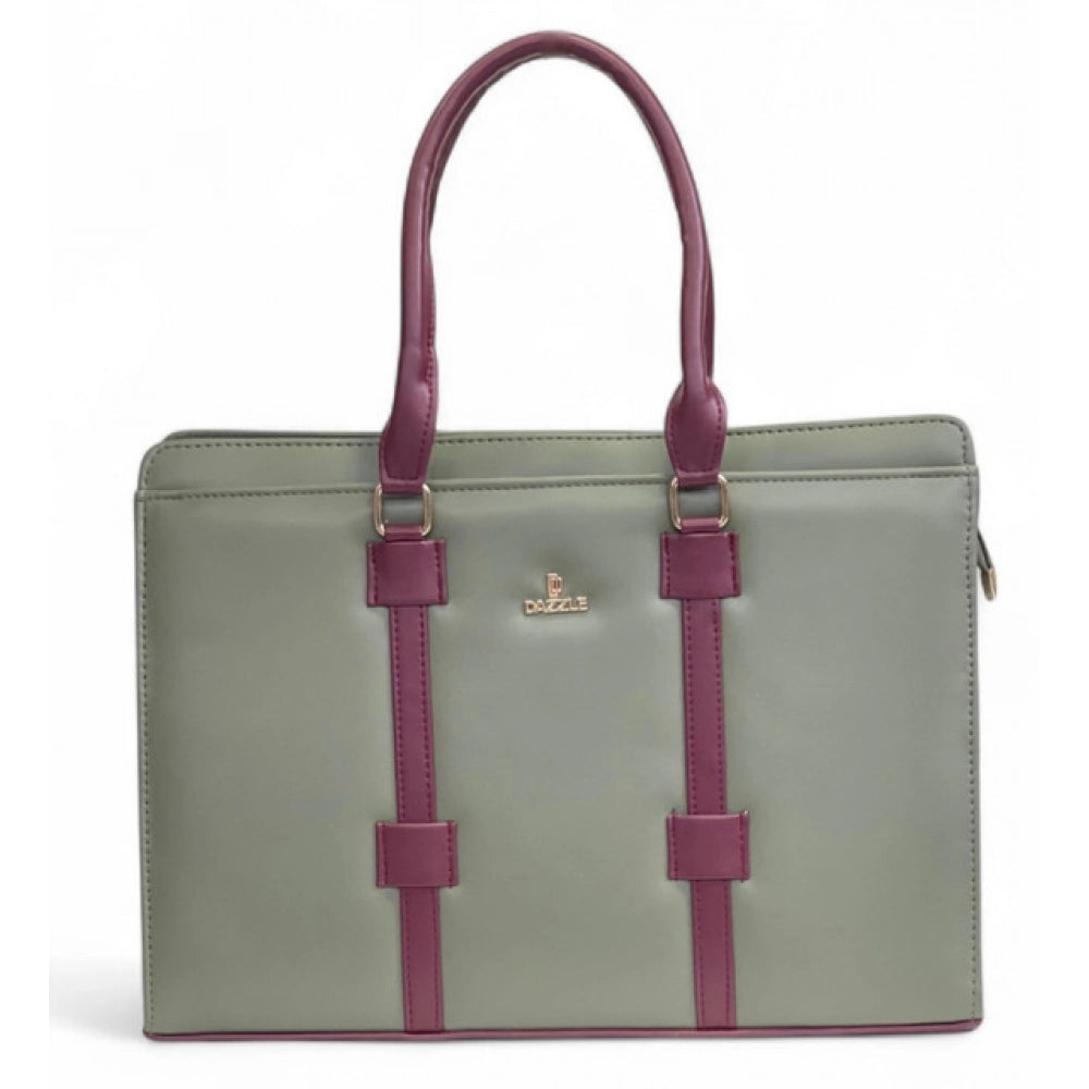 Generic Women's Polyurethane Solid Structured Shoulder Tote Handbag (Sage Green-Burgundy)