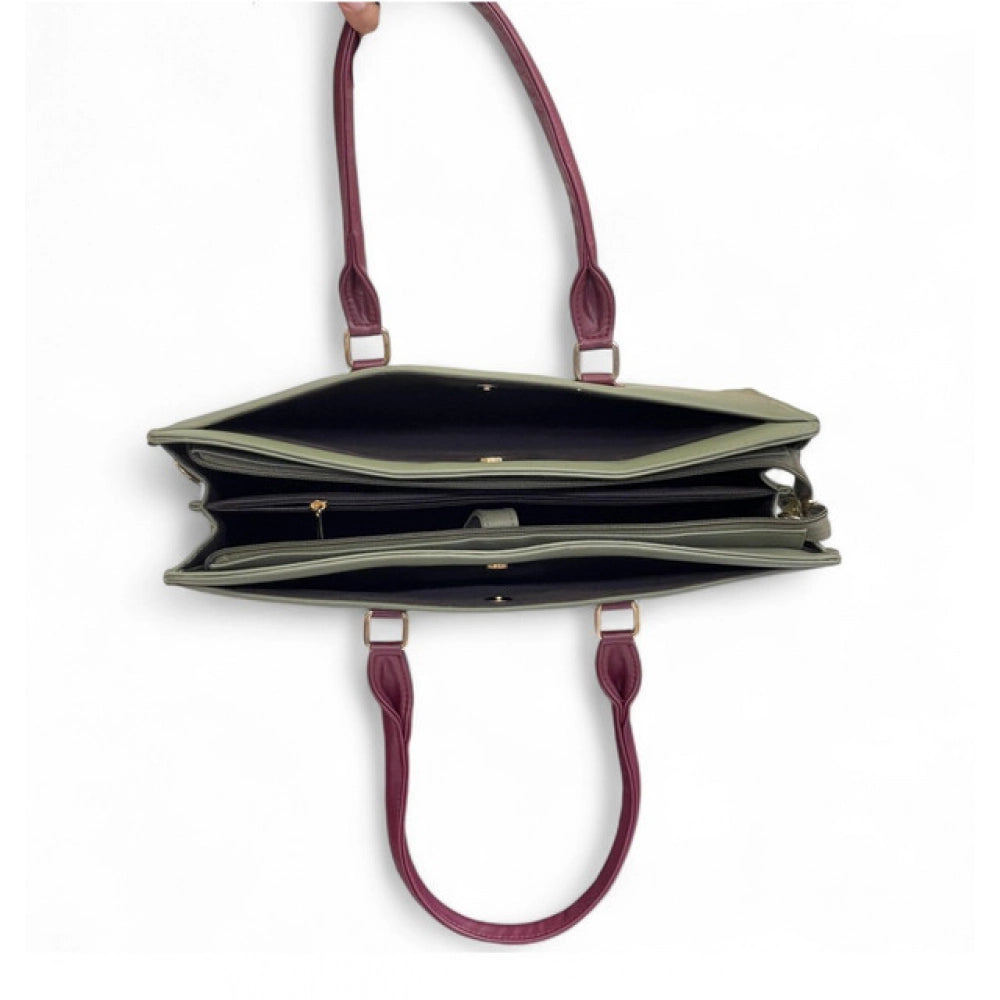 Generic Women's Polyurethane Solid Structured Shoulder Tote Handbag (Sage Green-Burgundy)