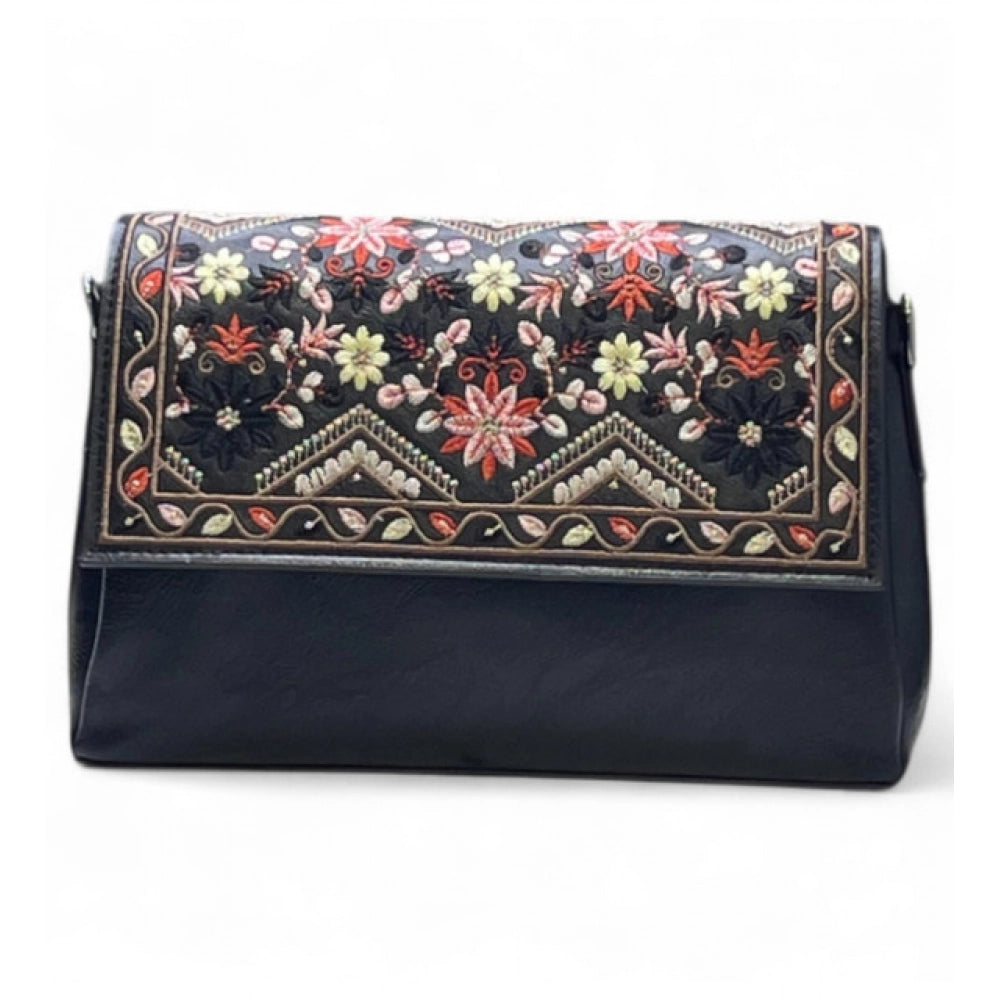 Generic Women's Polyurethane Floral Embroidered Crossbody Sling Bag with Adjustable &amp; Removable Strap (Black)