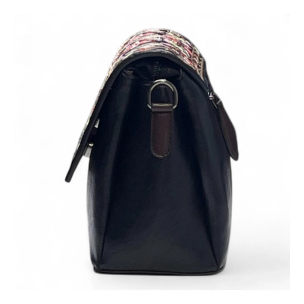 Generic Women's Polyurethane Floral Embroidered Crossbody Sling Bag with Adjustable &amp; Removable Strap (Black)