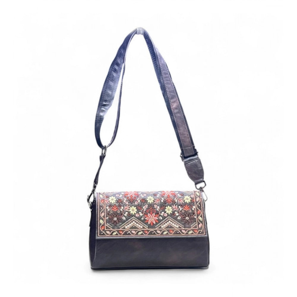 Generic Women's Polyurethane Floral Embroidered Crossbody Sling Bag with Adjustable &amp; Removable Strap (Coffee)