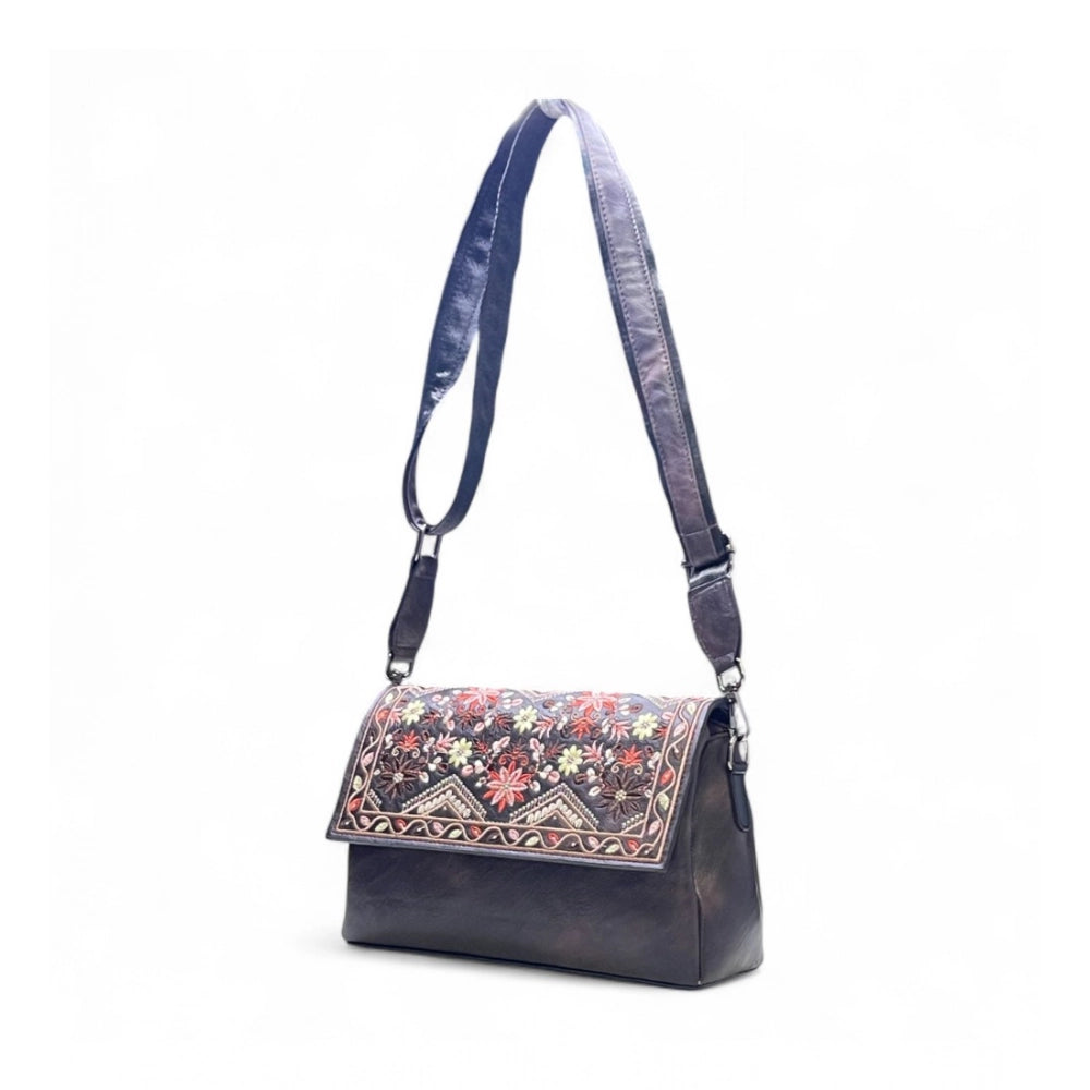 Generic Women's Polyurethane Floral Embroidered Crossbody Sling Bag with Adjustable &amp; Removable Strap (Coffee)