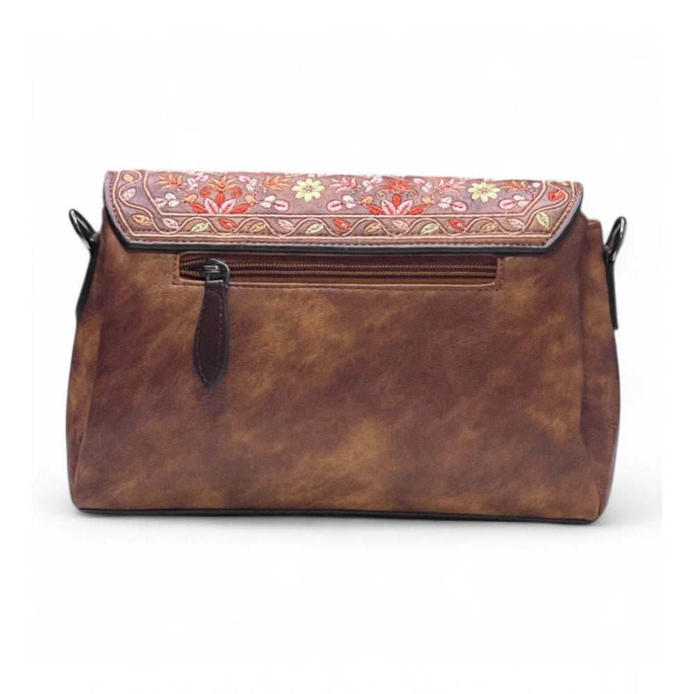 Generic Women's Polyurethane Floral Embroidered Crossbody Sling Bag with Adjustable &amp; Removable Strap (Dark Brown)