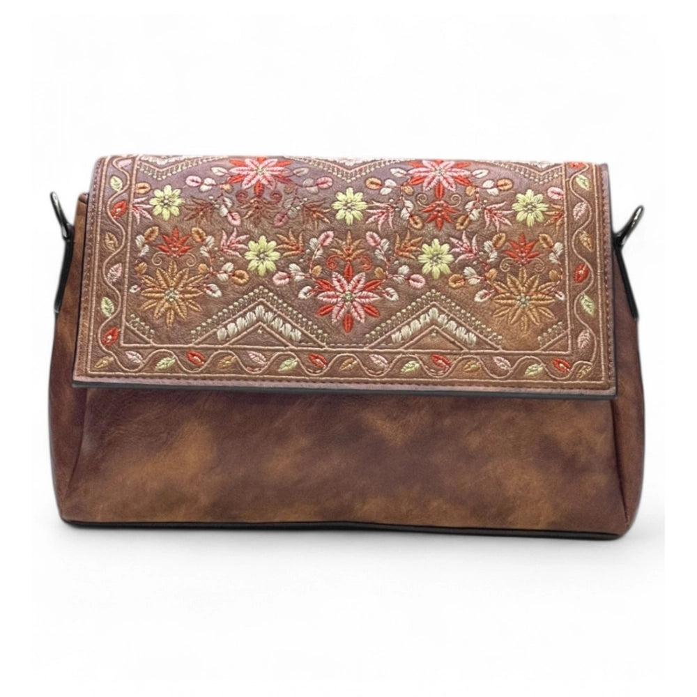 Generic Women's Polyurethane Floral Embroidered Crossbody Sling Bag with Adjustable &amp; Removable Strap (Dark Brown)