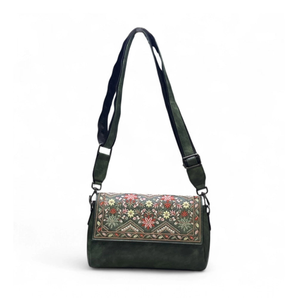 Generic Women's Polyurethane Floral Embroidered Crossbody Sling Bag with Adjustable &amp; Removable Strap (Green)