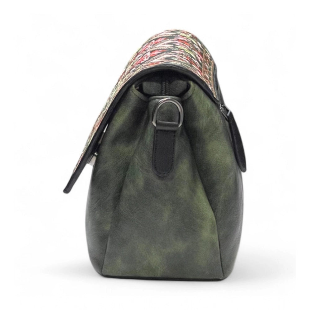 Generic Women's Polyurethane Floral Embroidered Crossbody Sling Bag with Adjustable &amp; Removable Strap (Green)