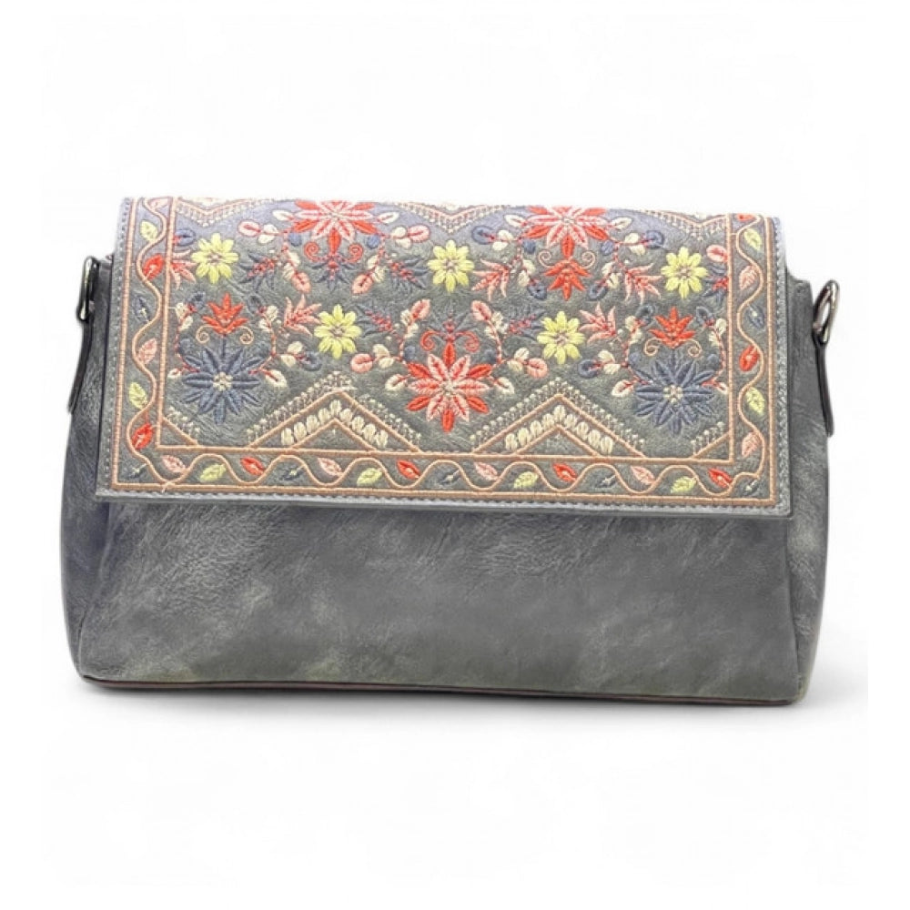 Generic Women's Polyurethane Floral Embroidered Crossbody Sling Bag with Adjustable &amp; Removable Strap (Grey)