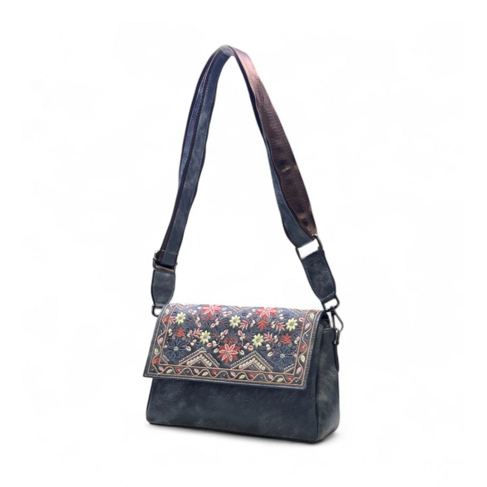 Generic Women's Polyurethane Floral Embroidered Crossbody Sling Bag with Adjustable &amp; Removable Strap (Grey)