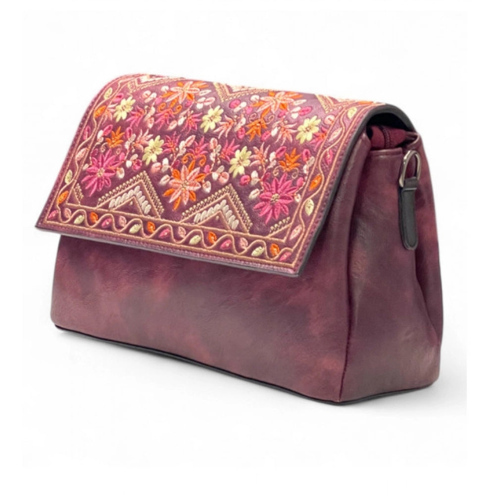 Generic Women's Polyurethane Floral Embroidered Crossbody Sling Bag with Adjustable &amp; Removable Strap (Red)
