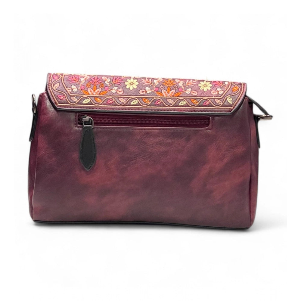 Generic Women's Polyurethane Floral Embroidered Crossbody Sling Bag with Adjustable &amp; Removable Strap (Red)