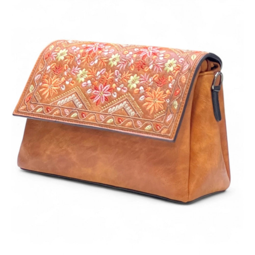 Generic Women's Polyurethane Floral Embroidered Crossbody Sling Bag with Adjustable &amp; Removable Strap (Tan)