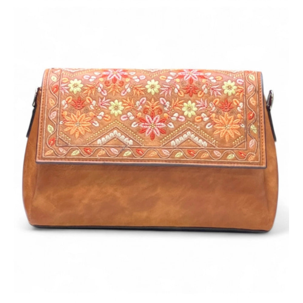 Generic Women's Polyurethane Floral Embroidered Crossbody Sling Bag with Adjustable &amp; Removable Strap (Tan)