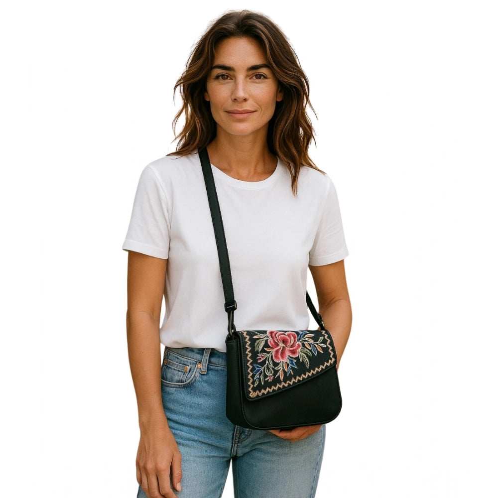Generic Women's Polyurethane Floral Embroidered Crossbody Sling Bag with Adjustable &amp; Removable Strap (Black)