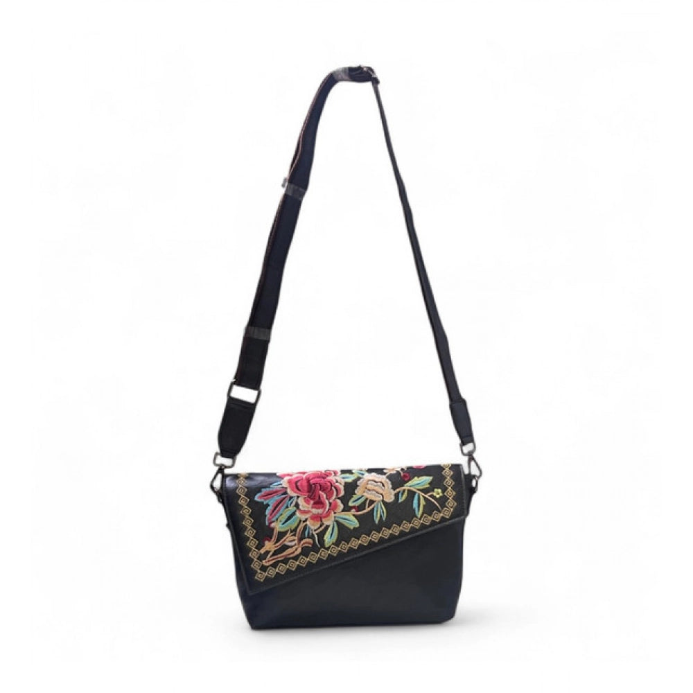 Generic Women's Polyurethane Floral Embroidered Crossbody Sling Bag with Adjustable &amp; Removable Strap (Black)