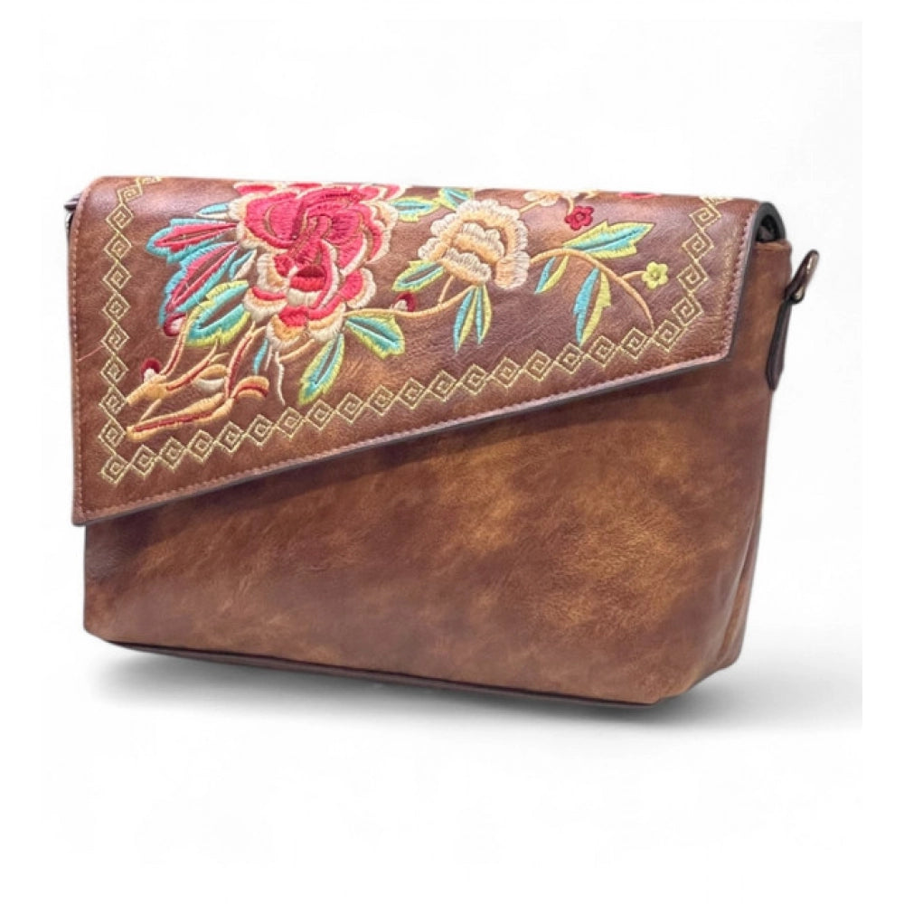 Generic Women's Polyurethane Floral Embroidered Crossbody Sling Bag with Adjustable &amp; Removable Strap (Brown)