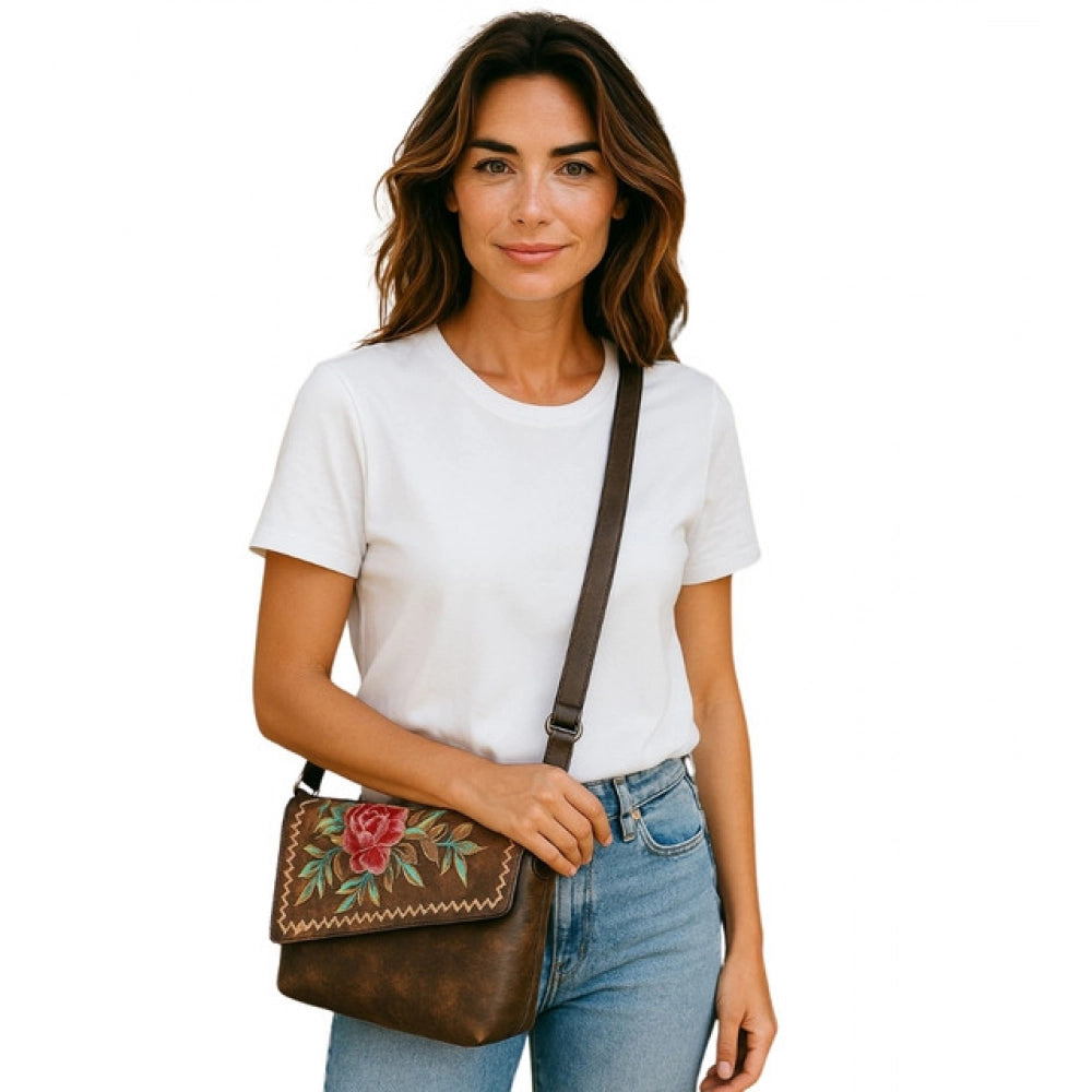 Generic Women's Polyurethane Floral Embroidered Crossbody Sling Bag with Adjustable &amp; Removable Strap (Brown)