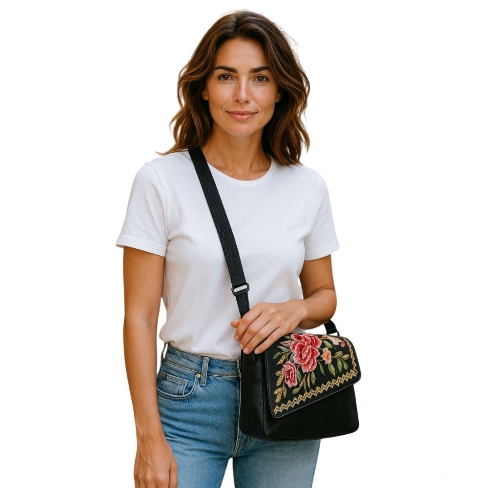 Generic Women's Polyurethane Floral Embroidered Crossbody Sling Bag with Adjustable &amp; Removable Strap (Coffee)