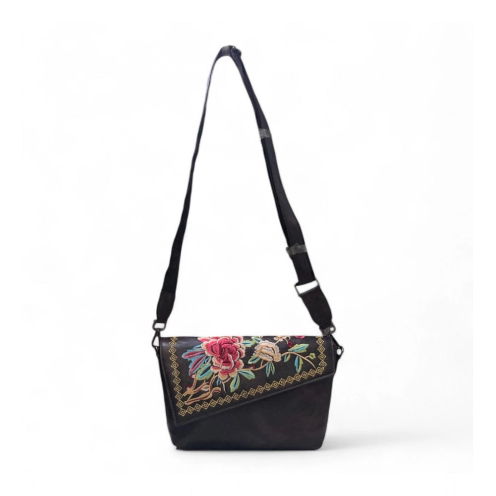 Generic Women's Polyurethane Floral Embroidered Crossbody Sling Bag with Adjustable &amp; Removable Strap (Coffee)