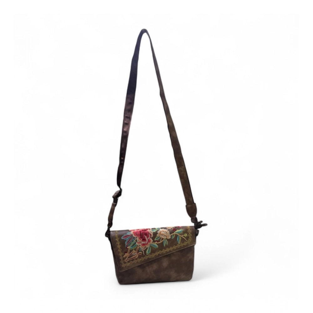 Generic Women's Polyurethane Floral Embroidered Crossbody Sling Bag with Adjustable &amp; Removable Strap (Dark Brown)