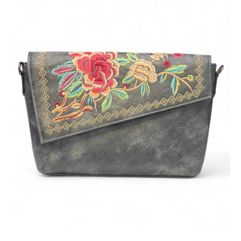 Generic Women's Polyurethane Floral Embroidered Crossbody Sling Bag with Adjustable &amp; Removable Strap (Grey)