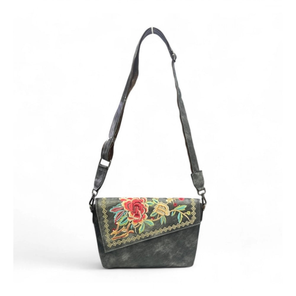 Generic Women's Polyurethane Floral Embroidered Crossbody Sling Bag with Adjustable &amp; Removable Strap (Grey)