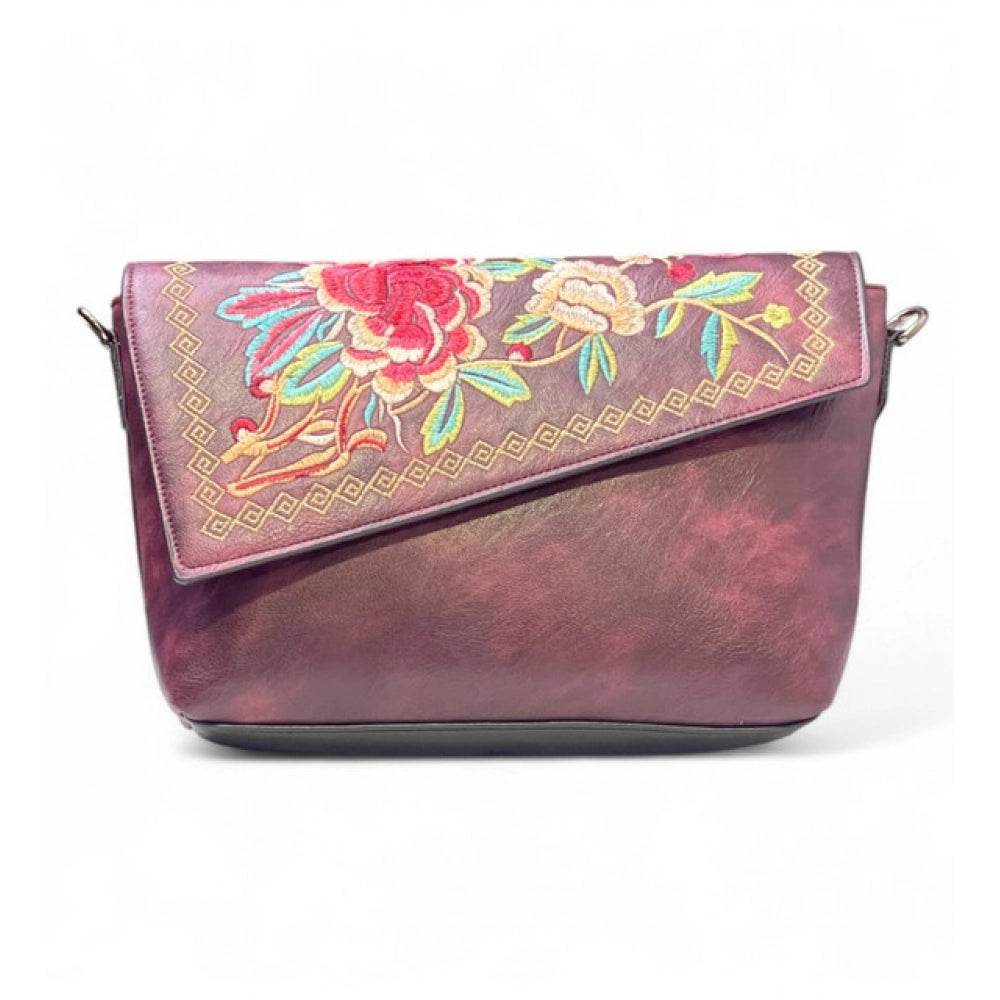 Generic Women's Polyurethane Floral Embroidered Crossbody Sling Bag with Adjustable &amp; Removable Strap (Red)