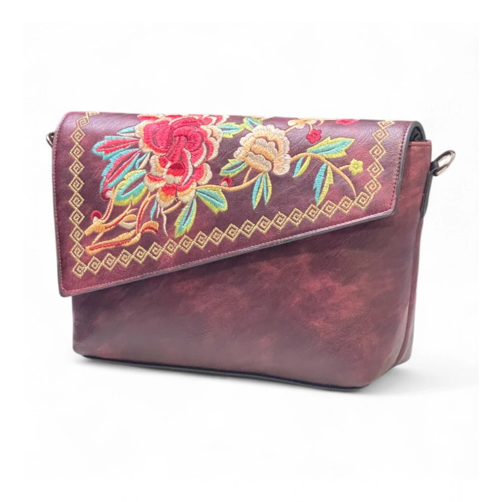 Generic Women's Polyurethane Floral Embroidered Crossbody Sling Bag with Adjustable &amp; Removable Strap (Red)